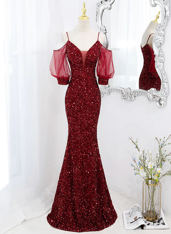 Vestido largo de fiesta de sirena de terciopelo rojo vino
